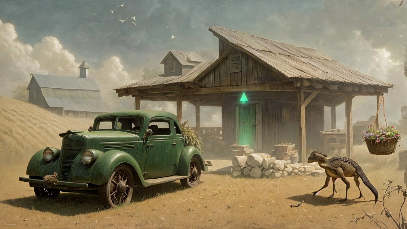 Old Green Pickup Truck by Quaint Wooden Farmhouse