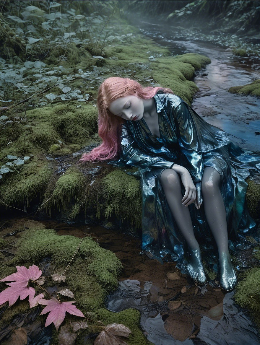 Serene Forest Scene with Ethereal Figure by Stream