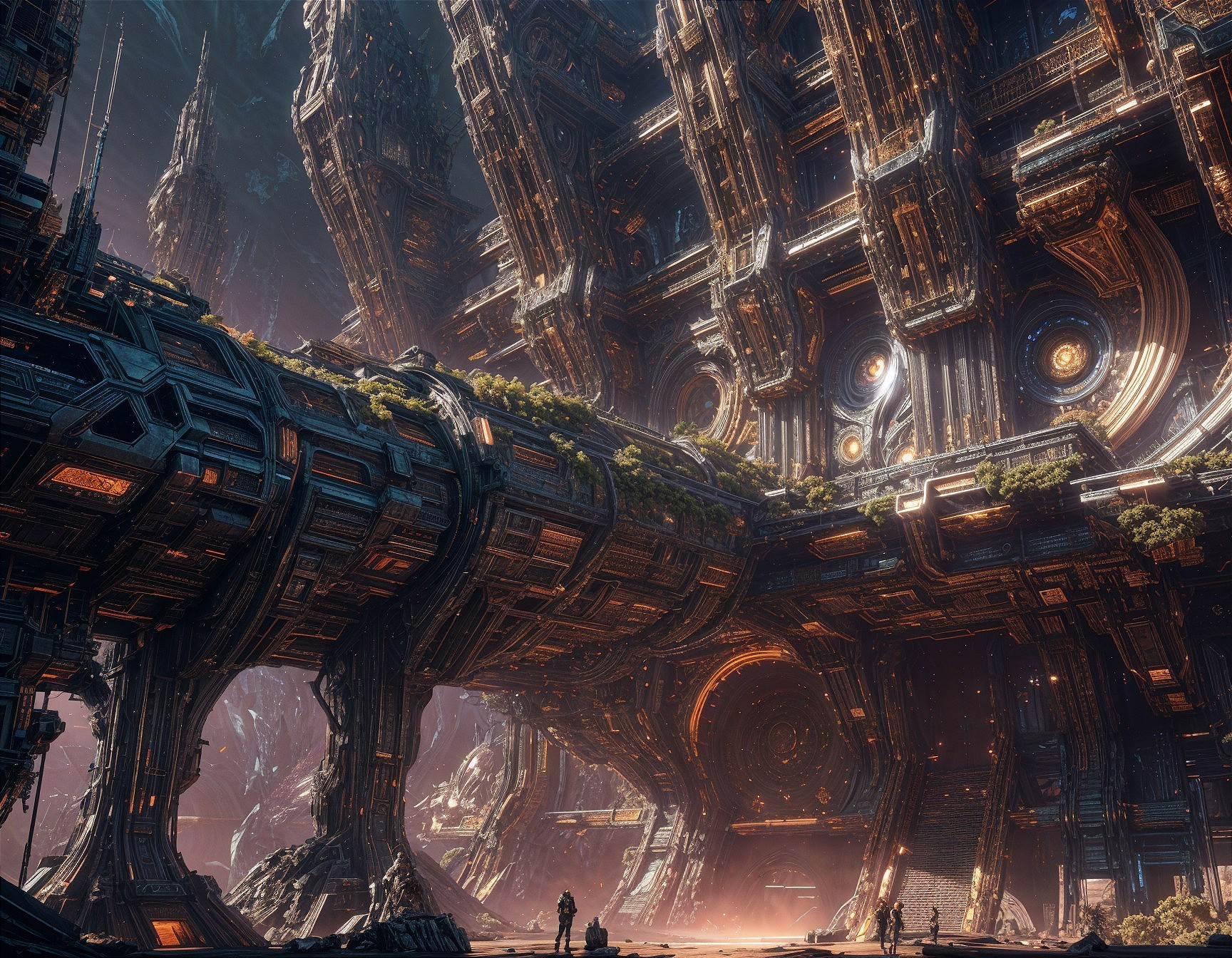 Futuristic landscape with colossal metallic structure