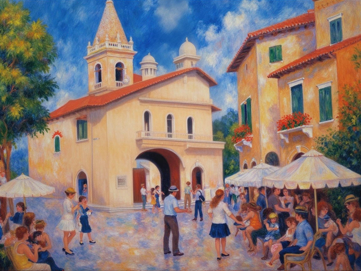 Vibrant Town Square Scene with Charming Architecture