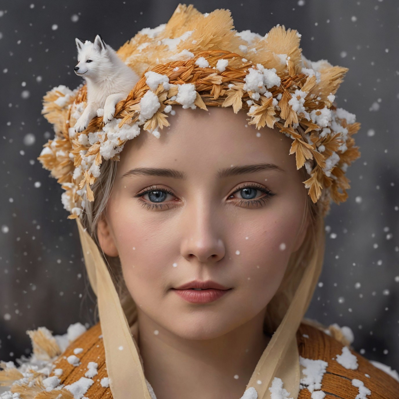 Young woman in a leaf crown amidst falling snowflakes