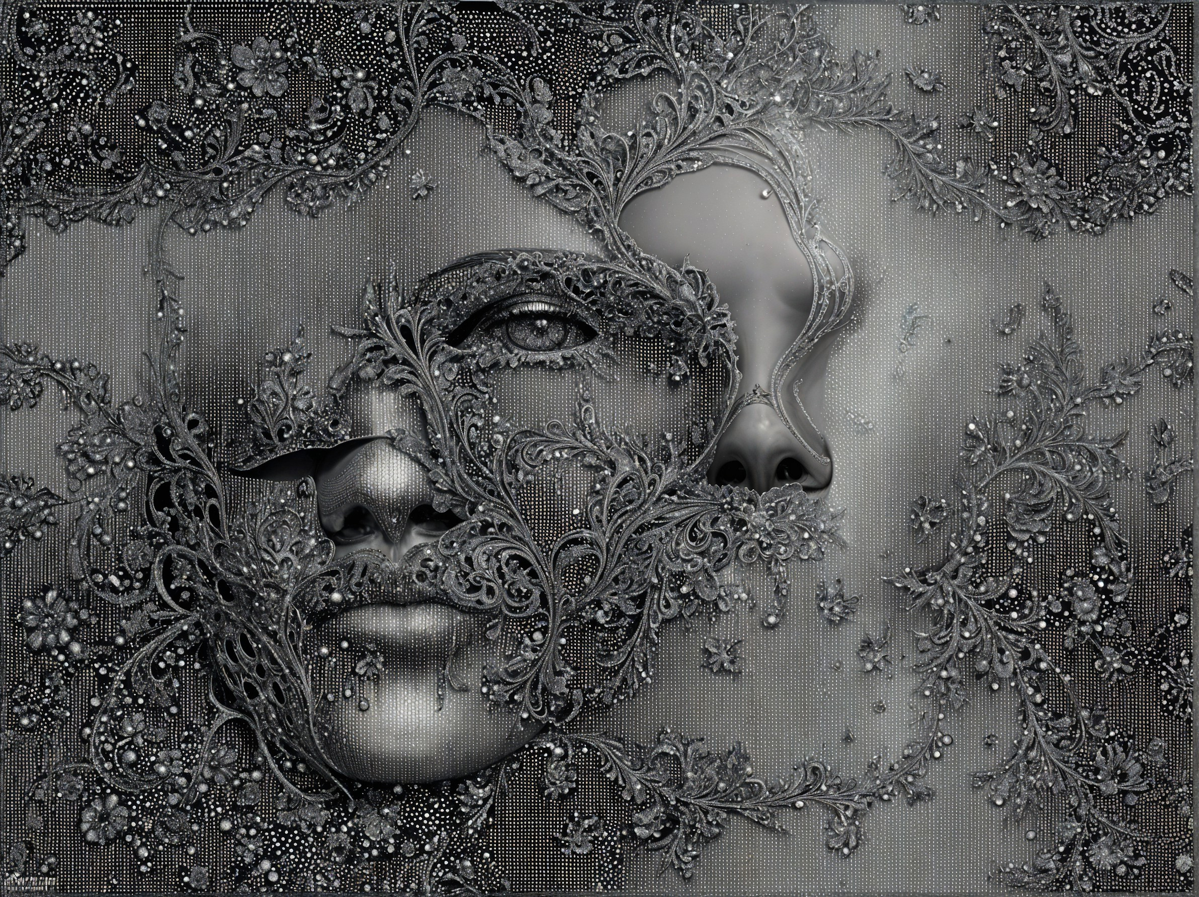 Surreal Composition of Faces and Floral Motifs