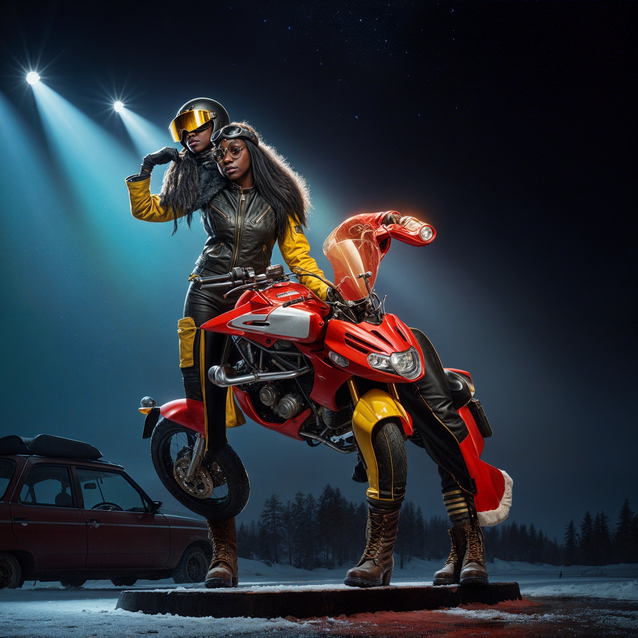 Confident Women on Red Motorcycle in Snowy Setting