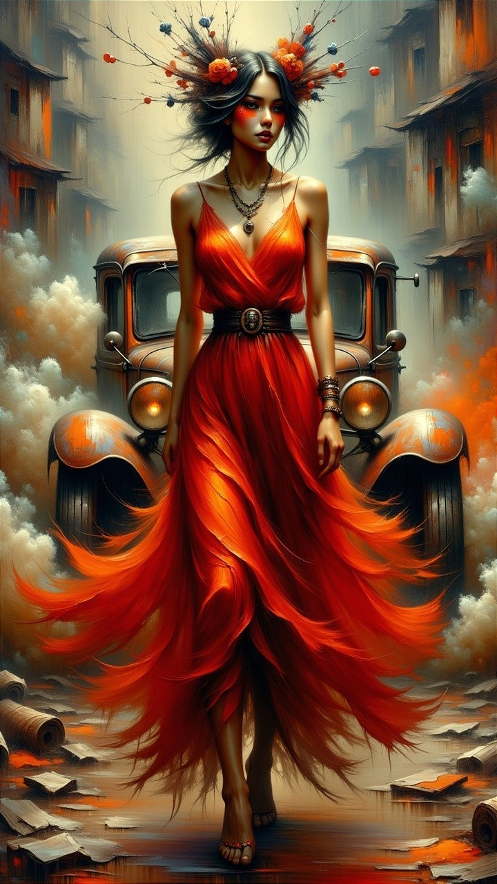 Woman in Red Dress in Post-Apocalyptic Setting