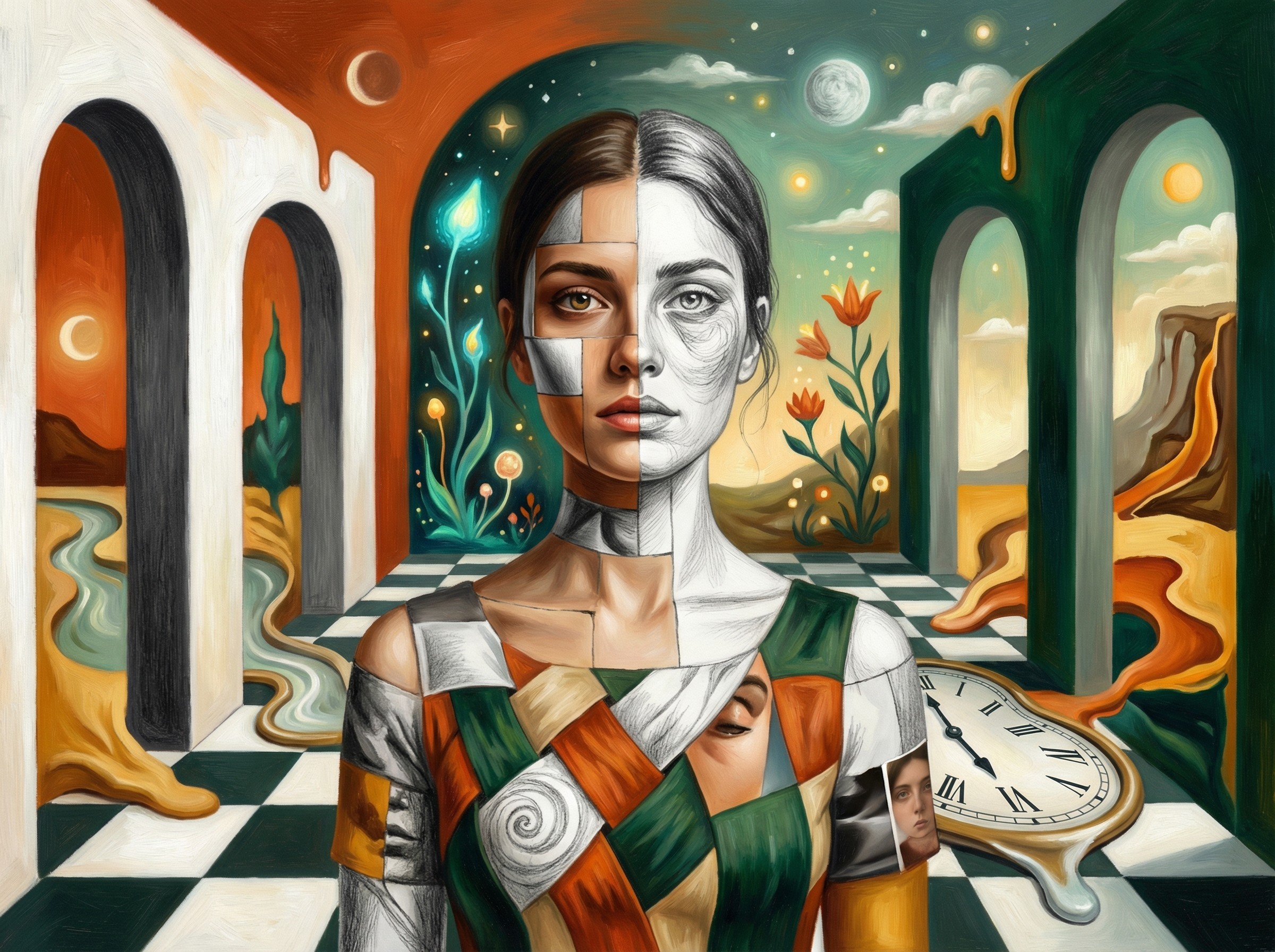 Surrealist Oil Painting of a Split-Faced Woman