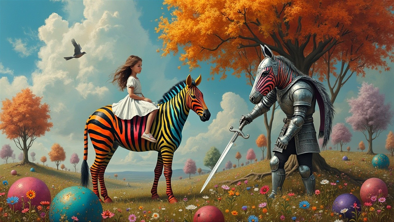Surreal Landscape with Girl, Zebra, and Knight