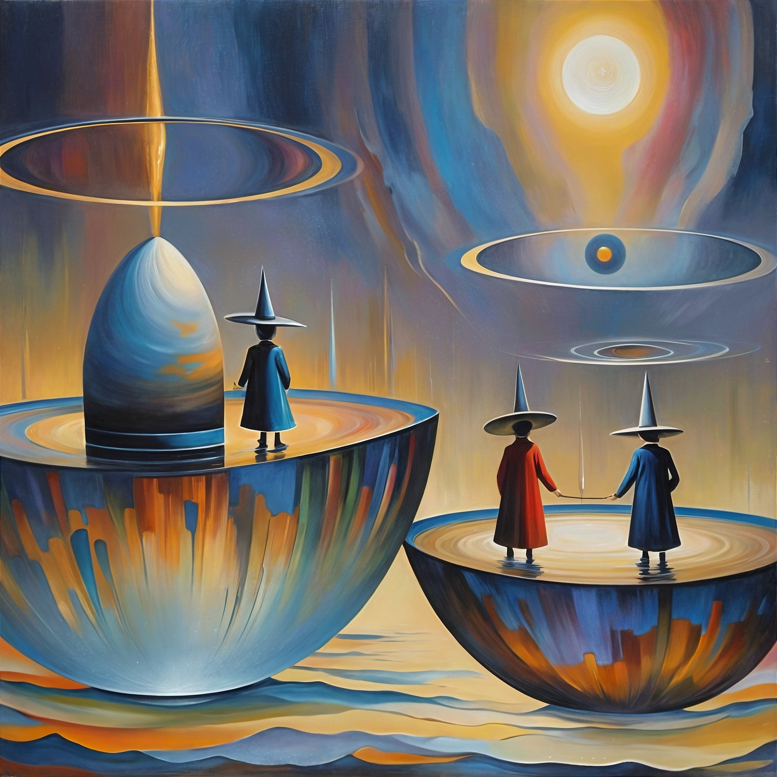 Surreal Landscape with Figures on Spherical Platforms