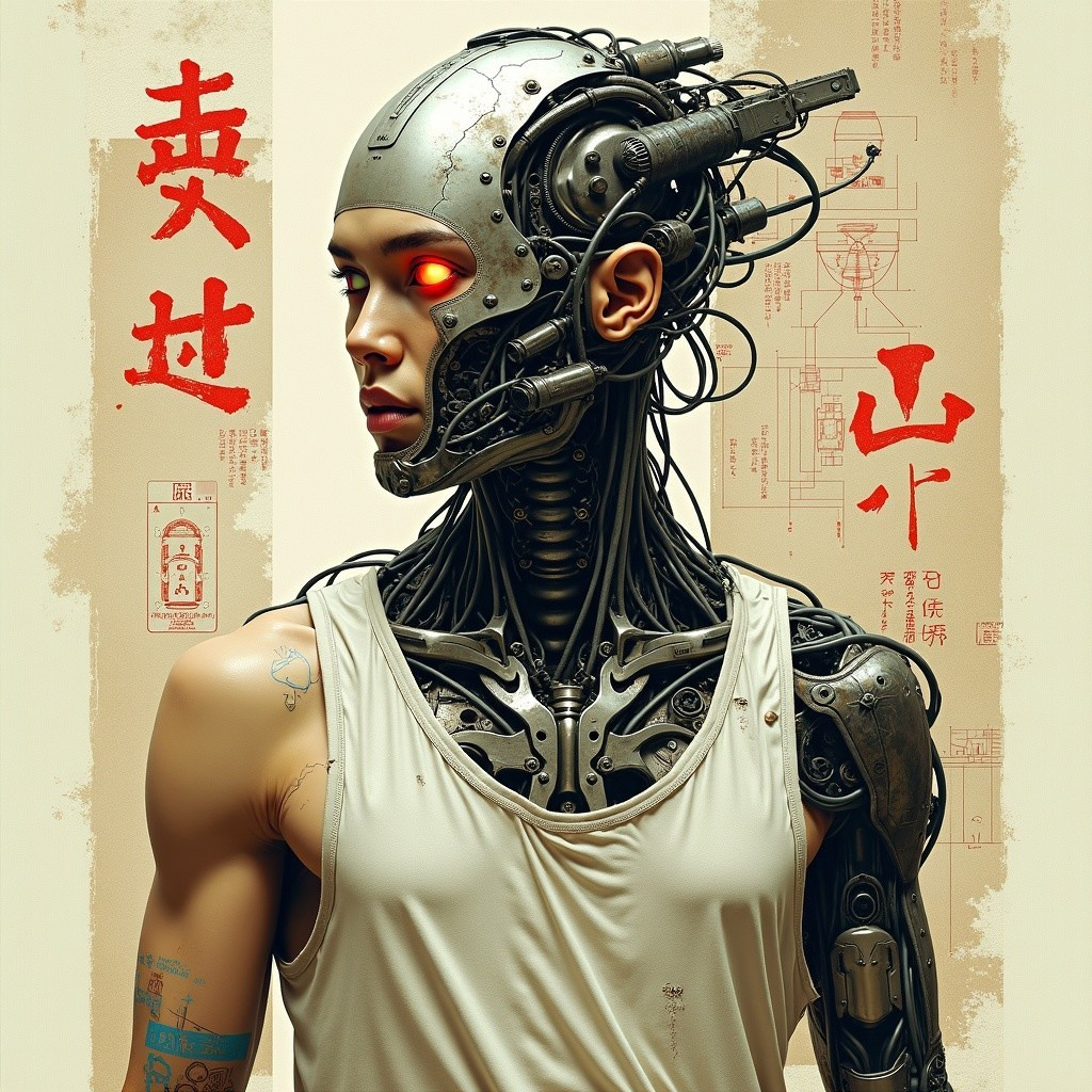 Futuristic humanoid figure with robotic features and design