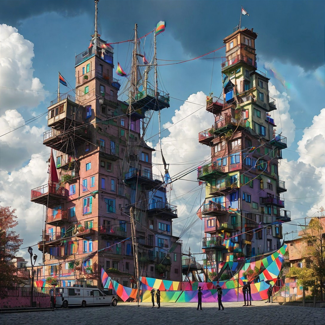 Colorful Buildings with Flags and Vibrant Kite Display