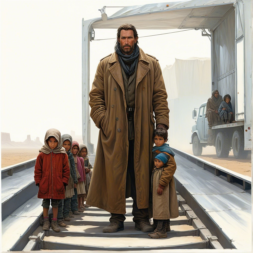 Rugged Man and Vulnerable Children on Train Track Scene
