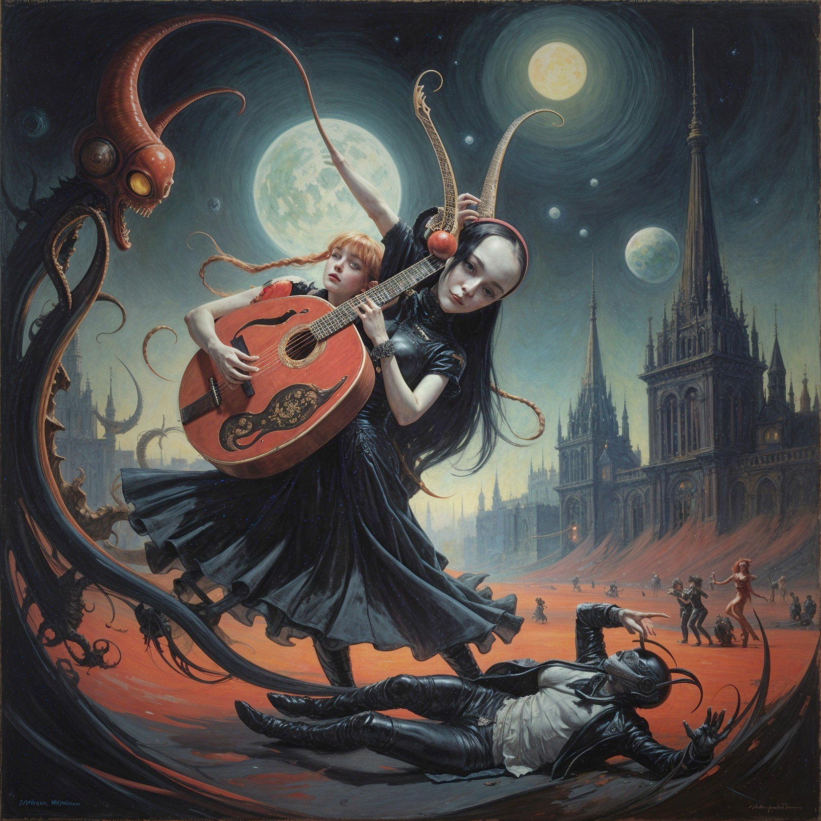 Fantastical landscape with enchanting figures and cityscape