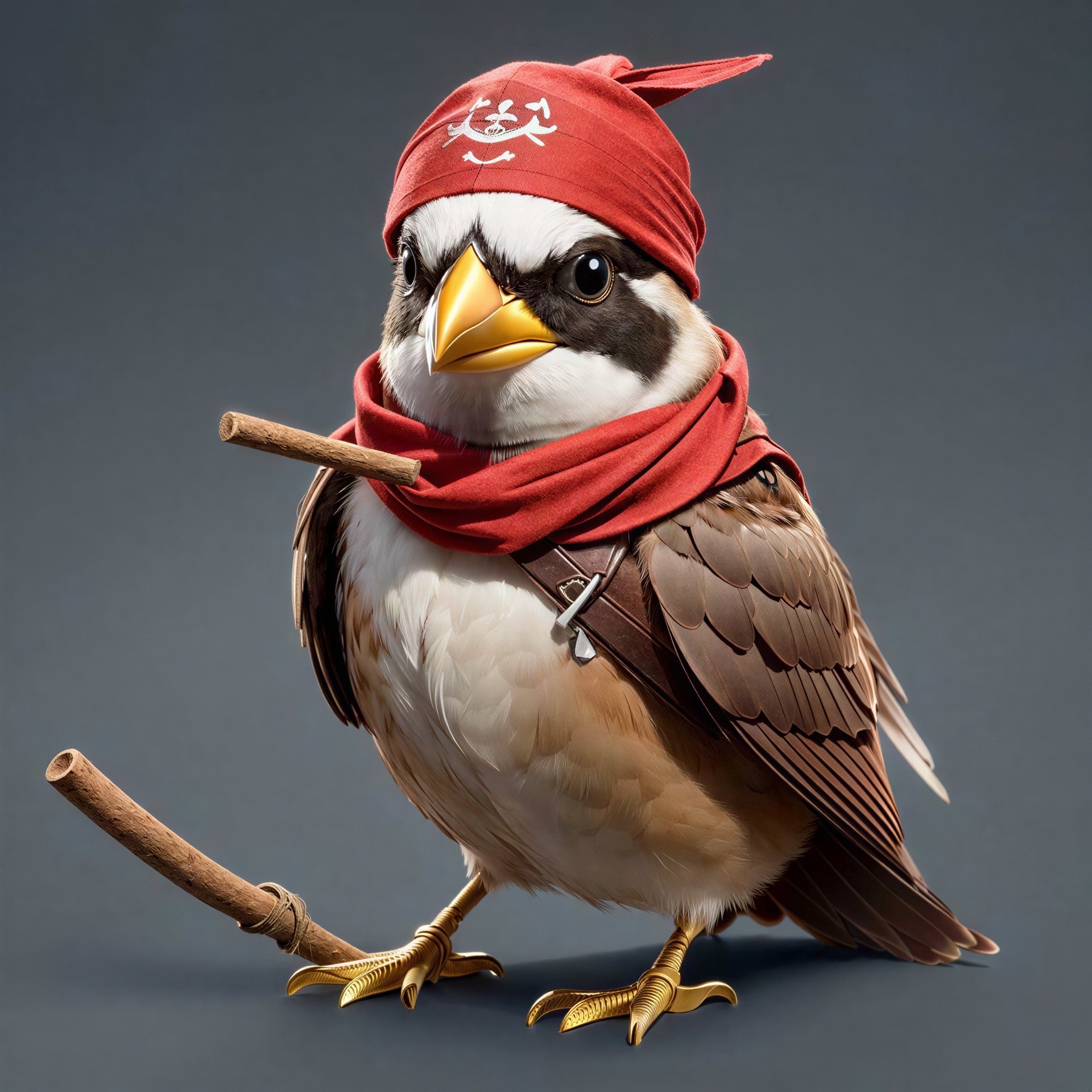 Close-up of a small bird with accessories on grey backdrop