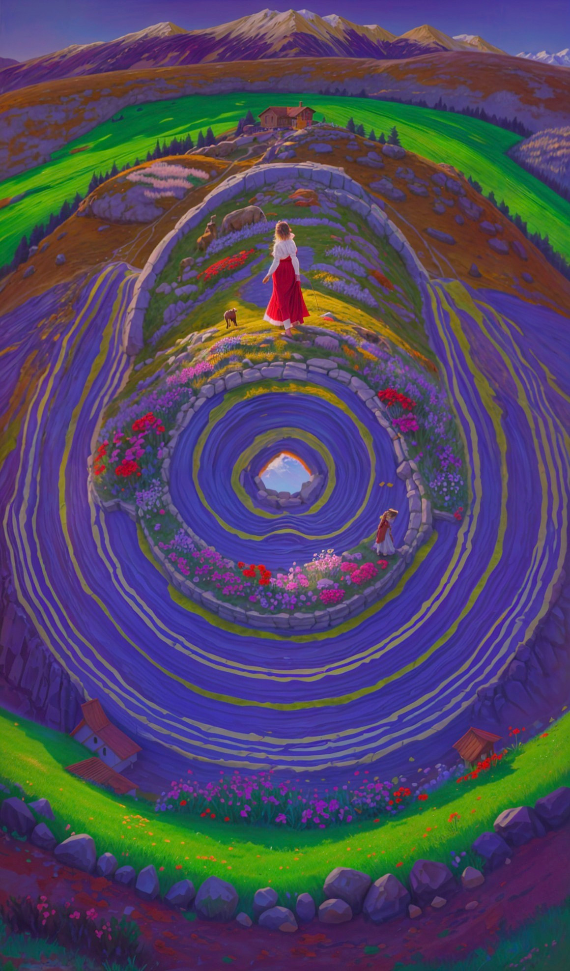 Surreal Landscape with Colorful Terraces and Pond