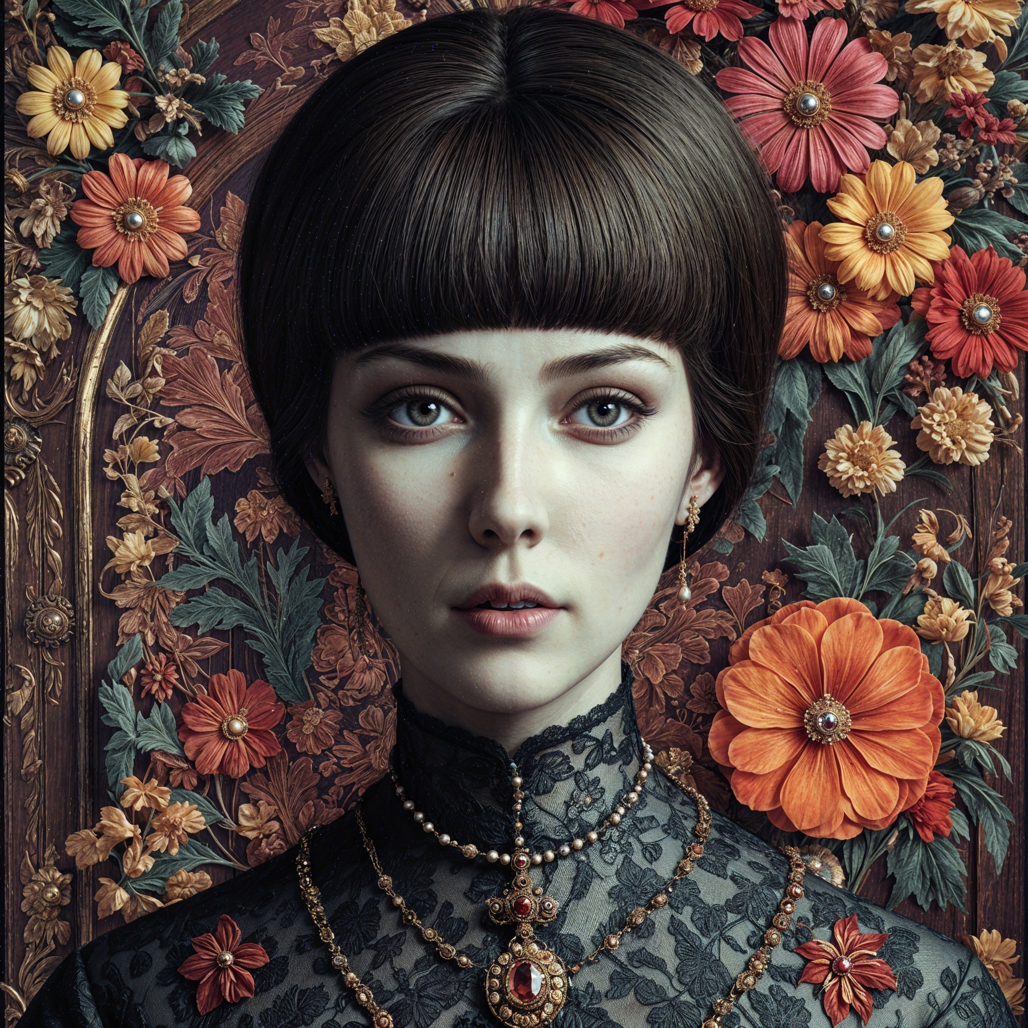 Young Woman in Lace with Floral Background