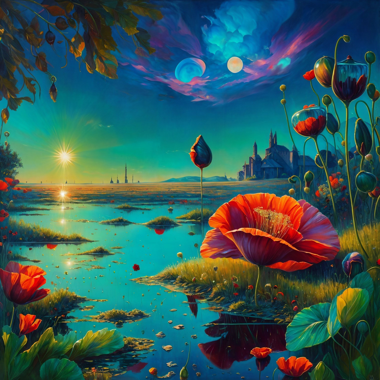 Twilight Landscape with Water, Flowers, and Towers