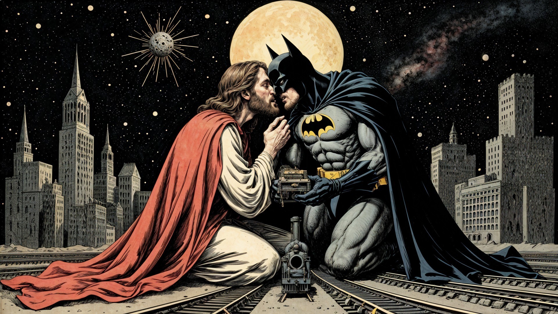 Surreal Night Scene with Batman and Jesus Embrace