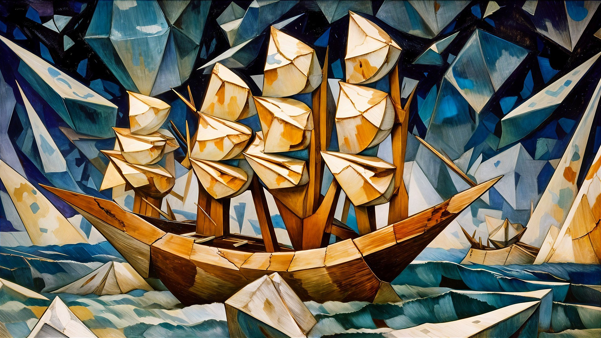 Stylized ship with angular sails in vibrant seascape