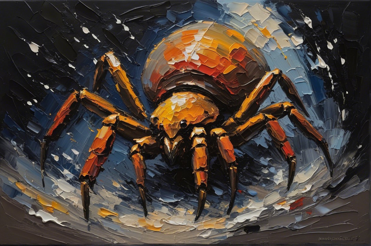 Textured Painting of a Spider in Orange and Brown