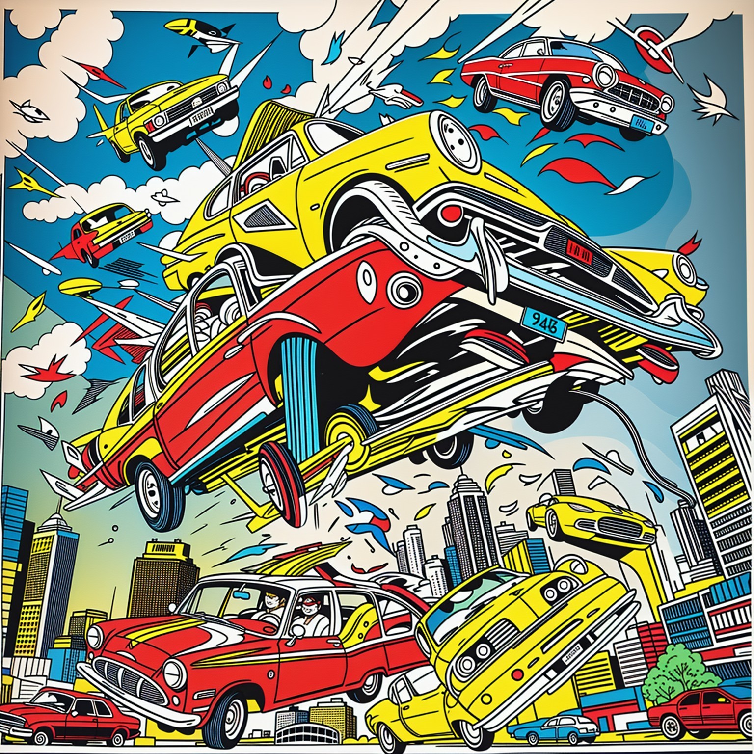 Comic-Style Illustration of Colorful Cars in Sky