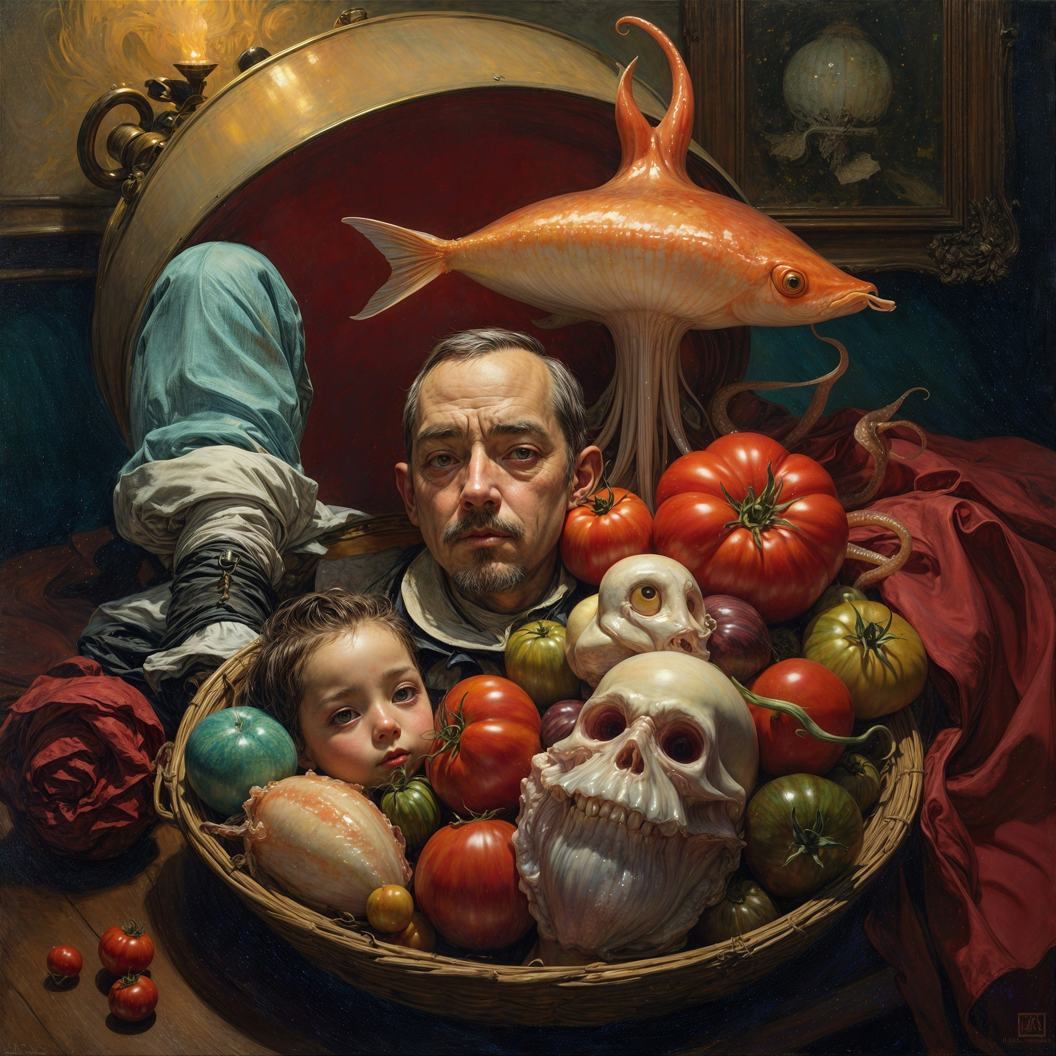 Surreal Artwork with Man and Child's Head in Basket