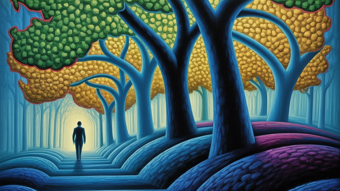 Surreal Landscape with Vibrant Trees and Rolling Hills