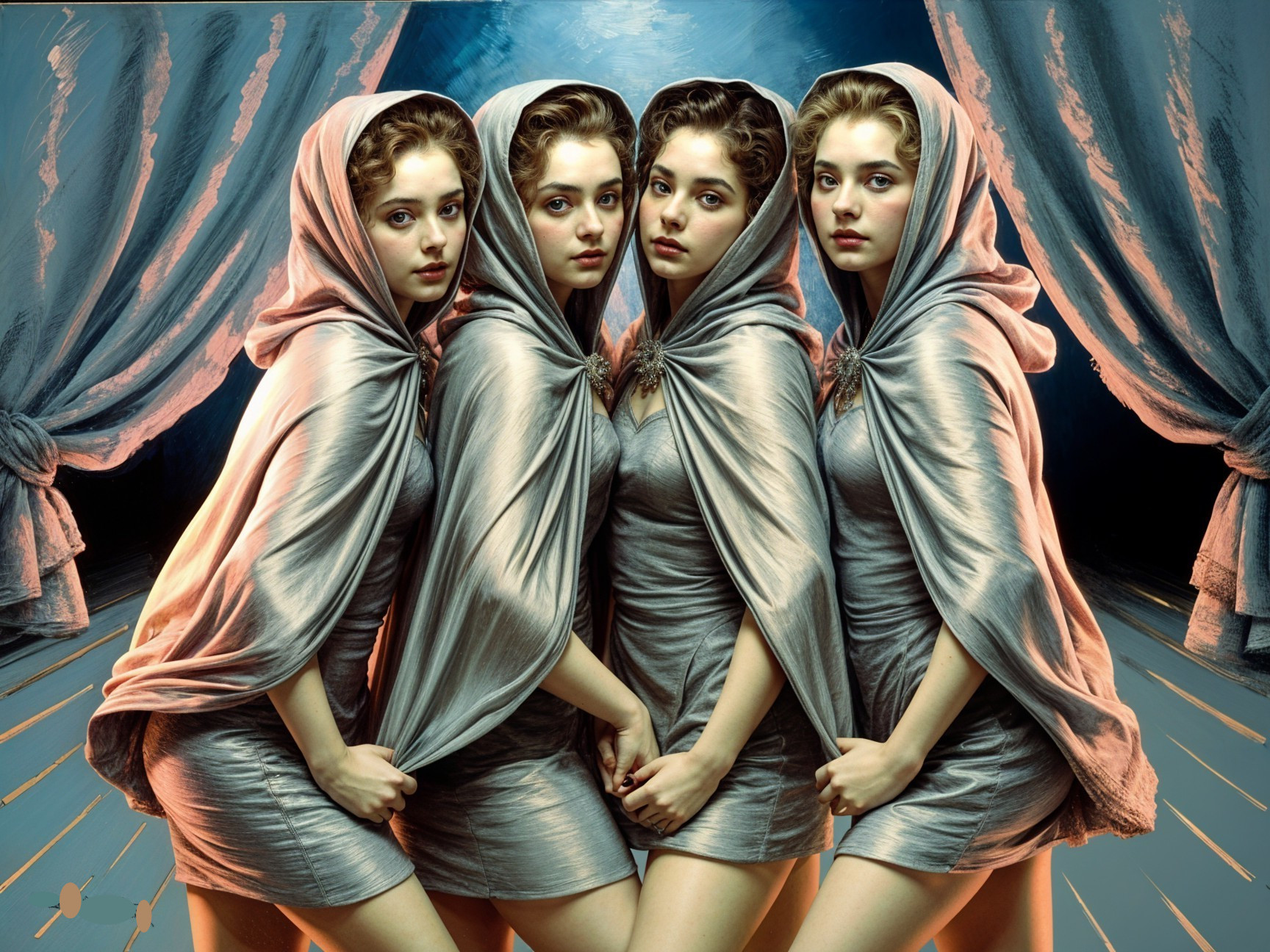 Four Identical Figures in Silver Dresses and Hoods