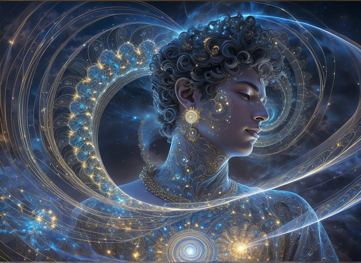Cosmic Figure with Intricate Patterns and Ethereal Light
