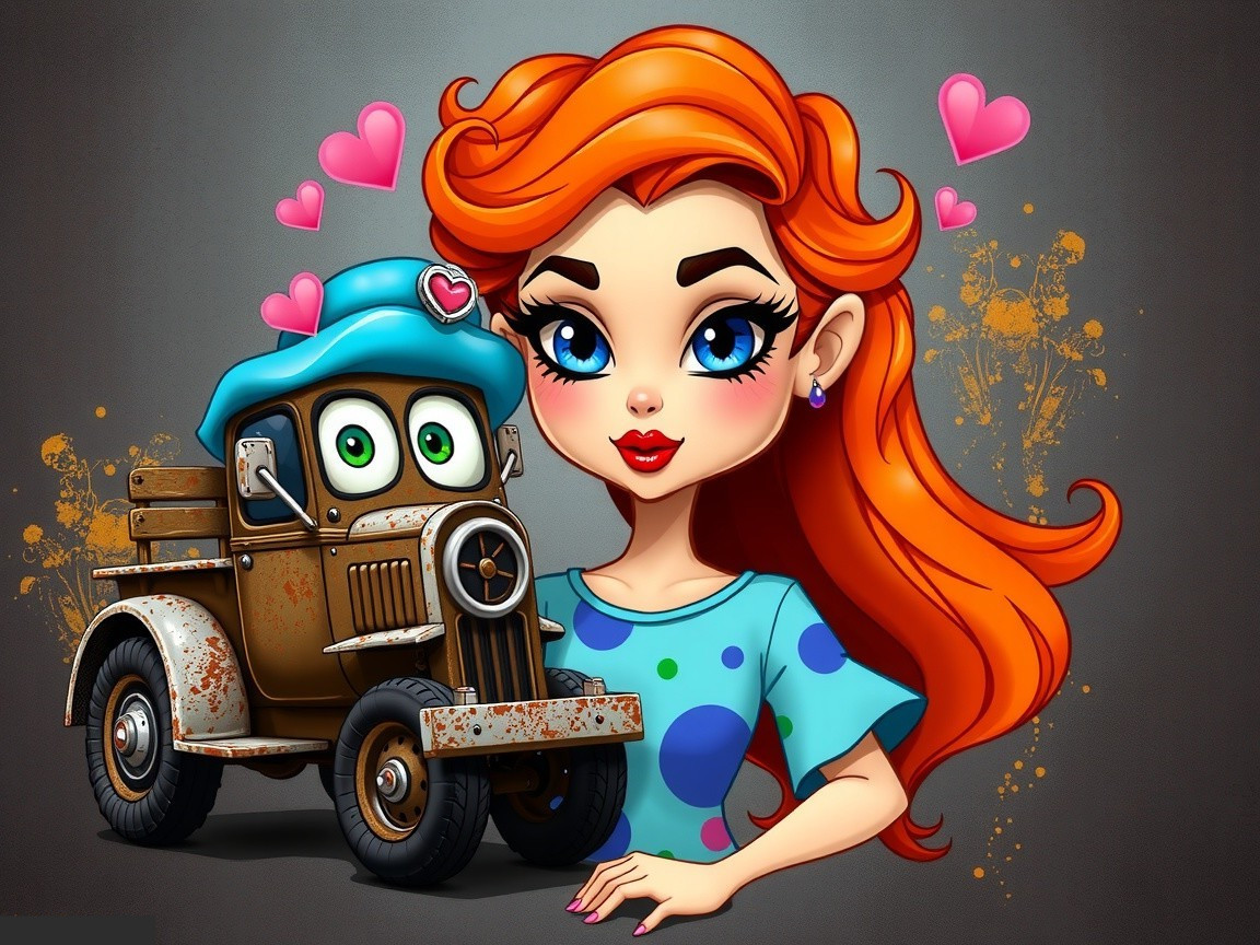 Whimsical Illustration of Cheerful Woman and Vintage Truck