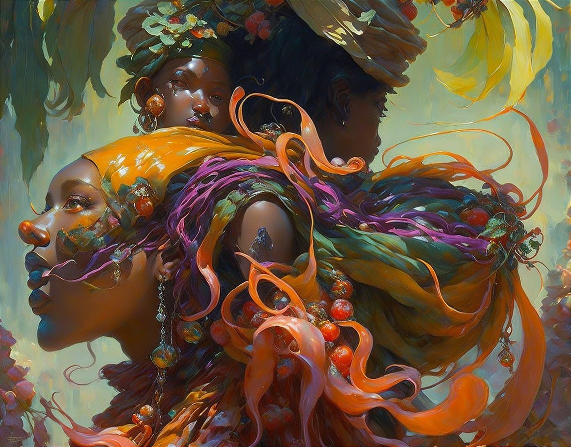Vibrant Artwork of Figures with Elaborate Hairstyles