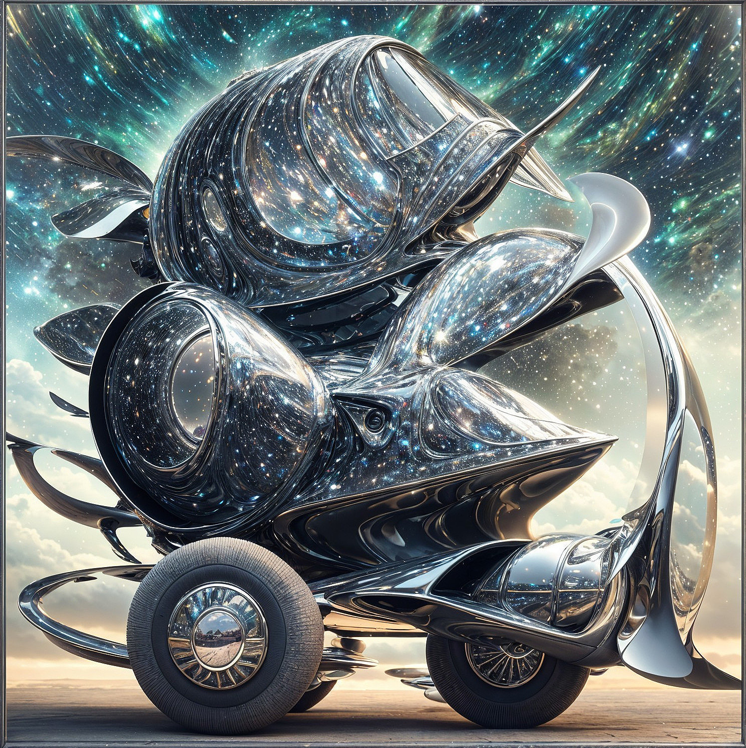 Futuristic Vehicle Against Cosmic Starry Backdrop