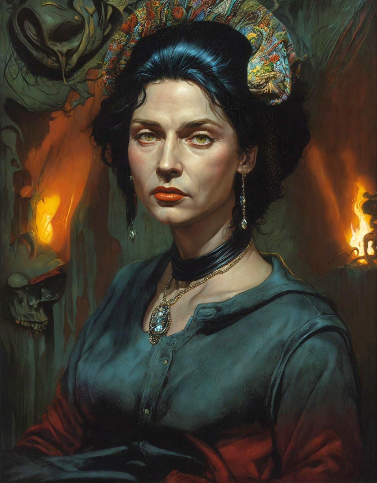 Detailed Portrait of Woman in Dark Teal Dress