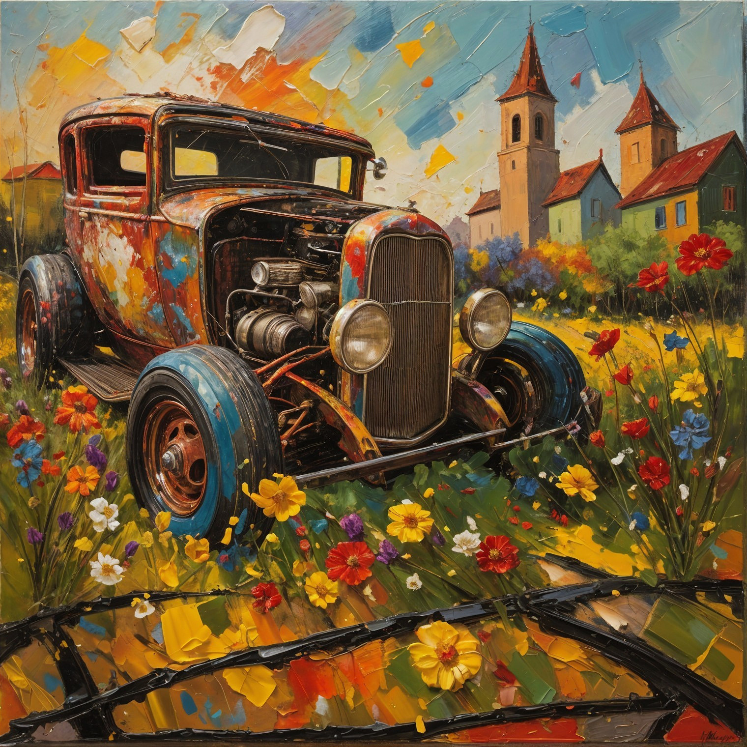 Impressionistic Painting of Hot Rod in Flower Field