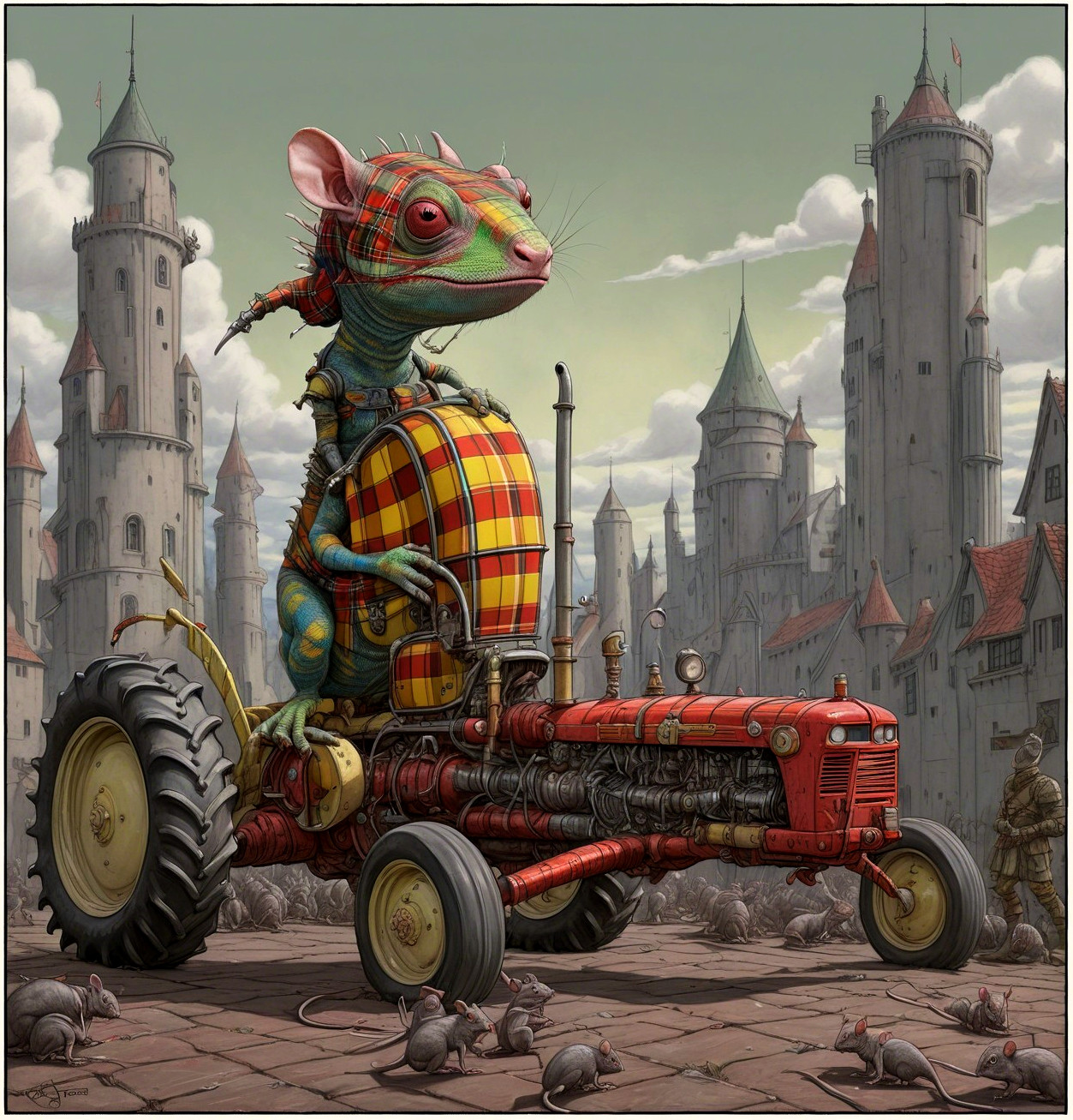 Whimsical Lizard on Vintage Tractor with Castles Background