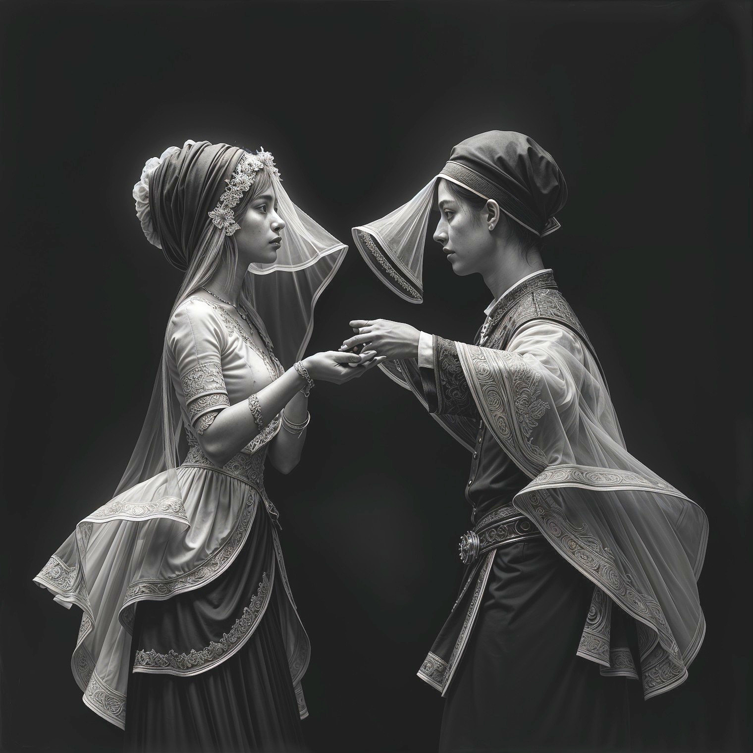 Black-and-white portrait of two elegantly dressed individuals