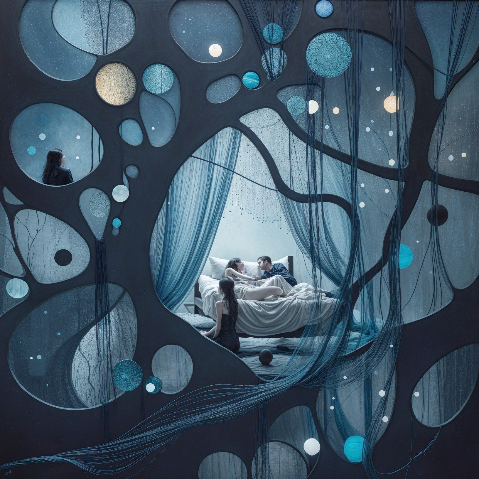 Surreal Bedroom Scene with Dreamlike Elements