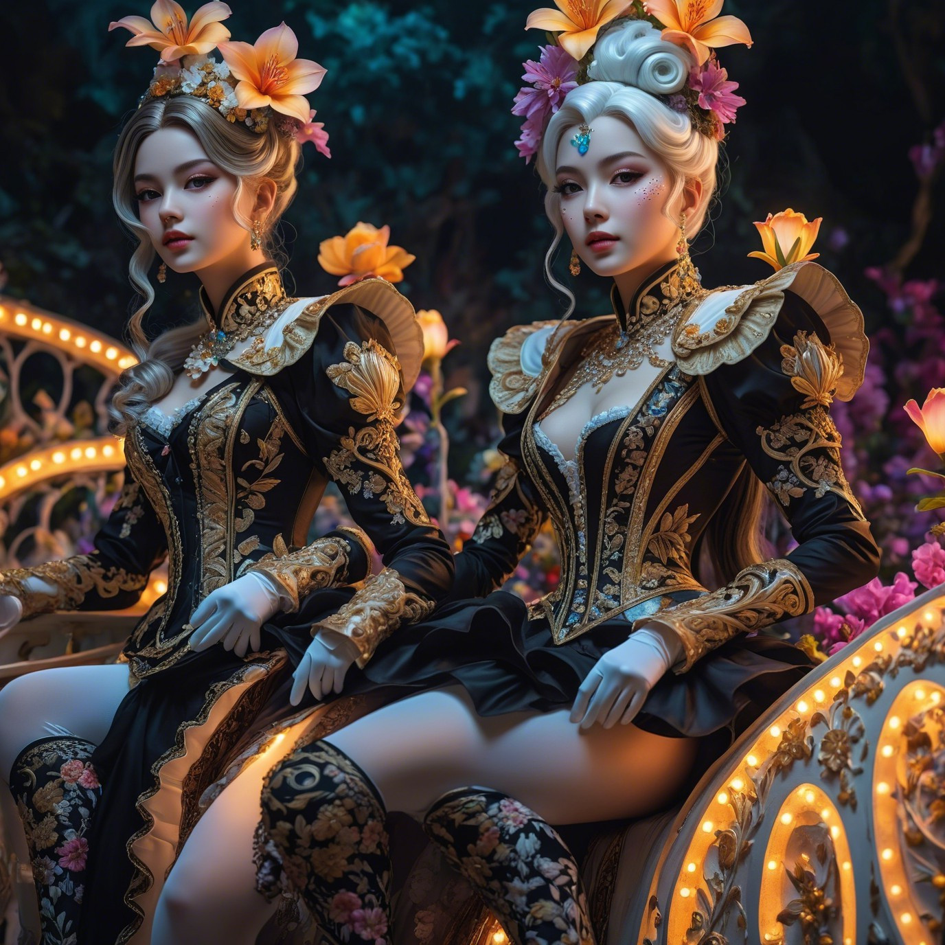 Elegant Figures in Black Gowns in Lush Garden Setting