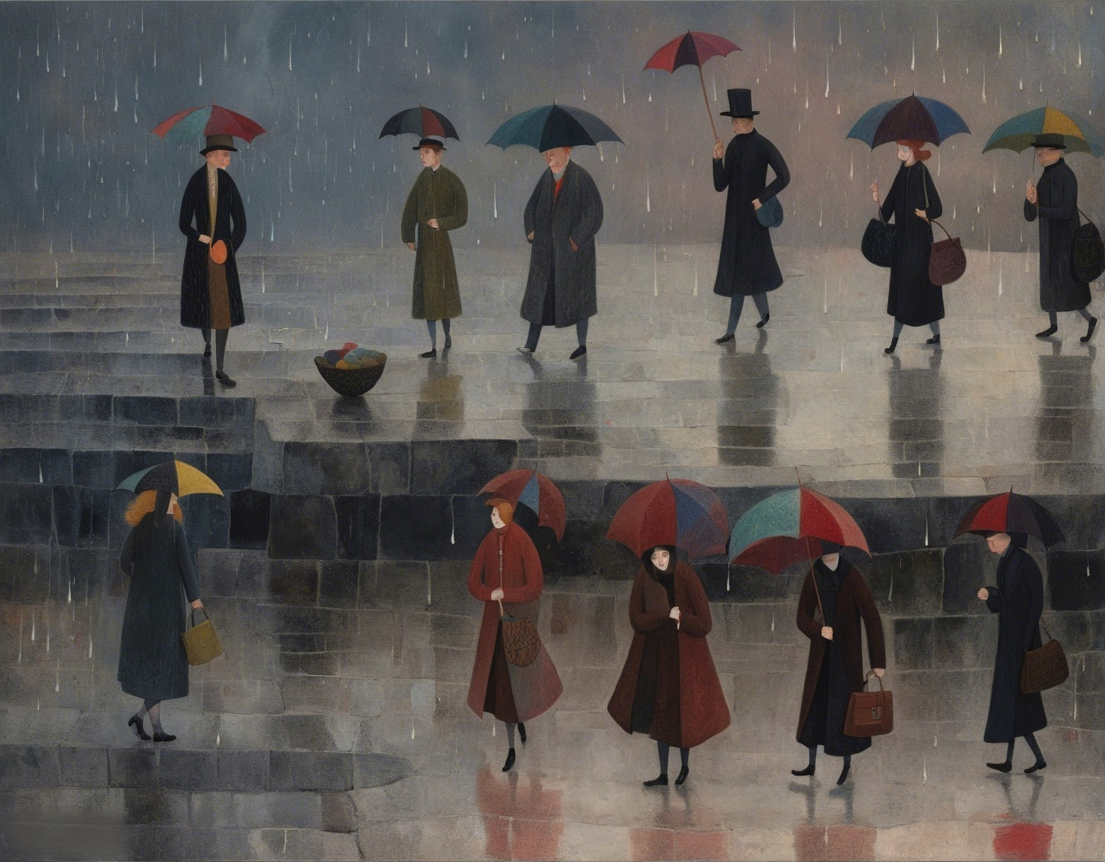 Diverse Group in Vintage Clothing with Colorful Umbrellas