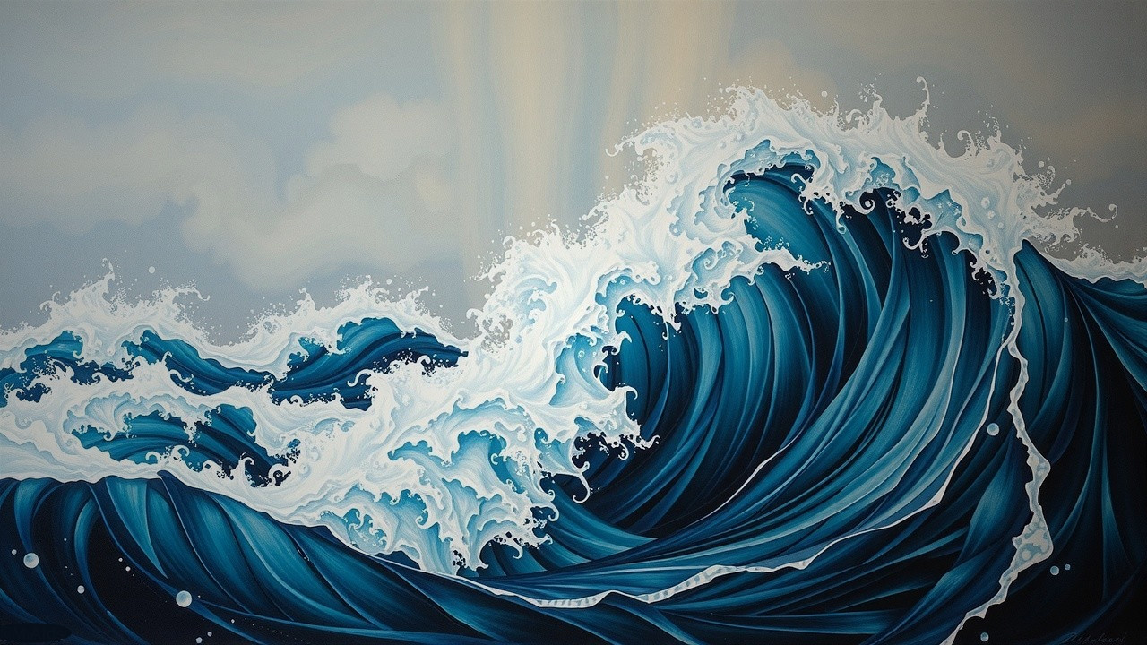 Stylized ocean wave painting with dynamic water movement