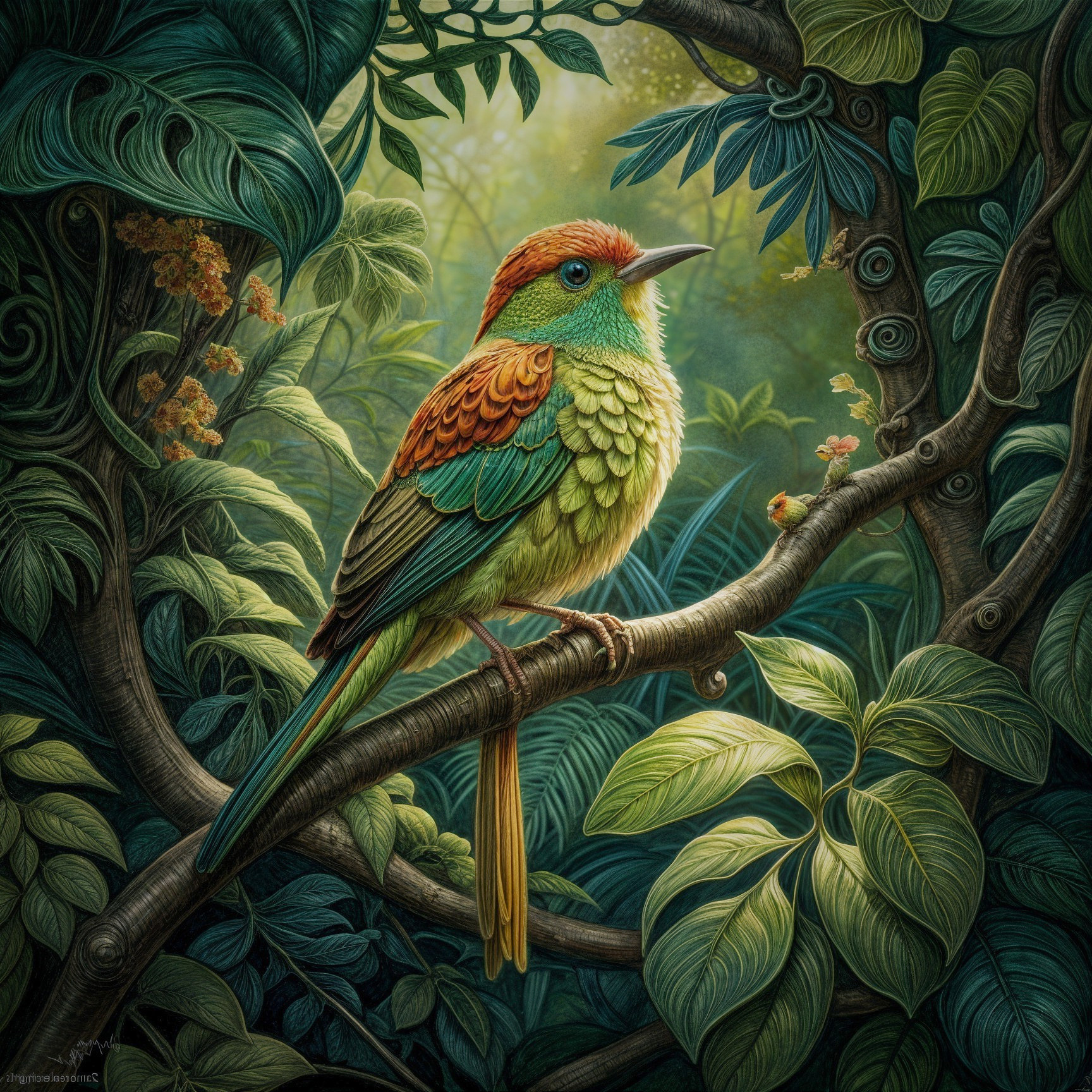 Vividly Colored Bird on Branch in Tropical Foliage