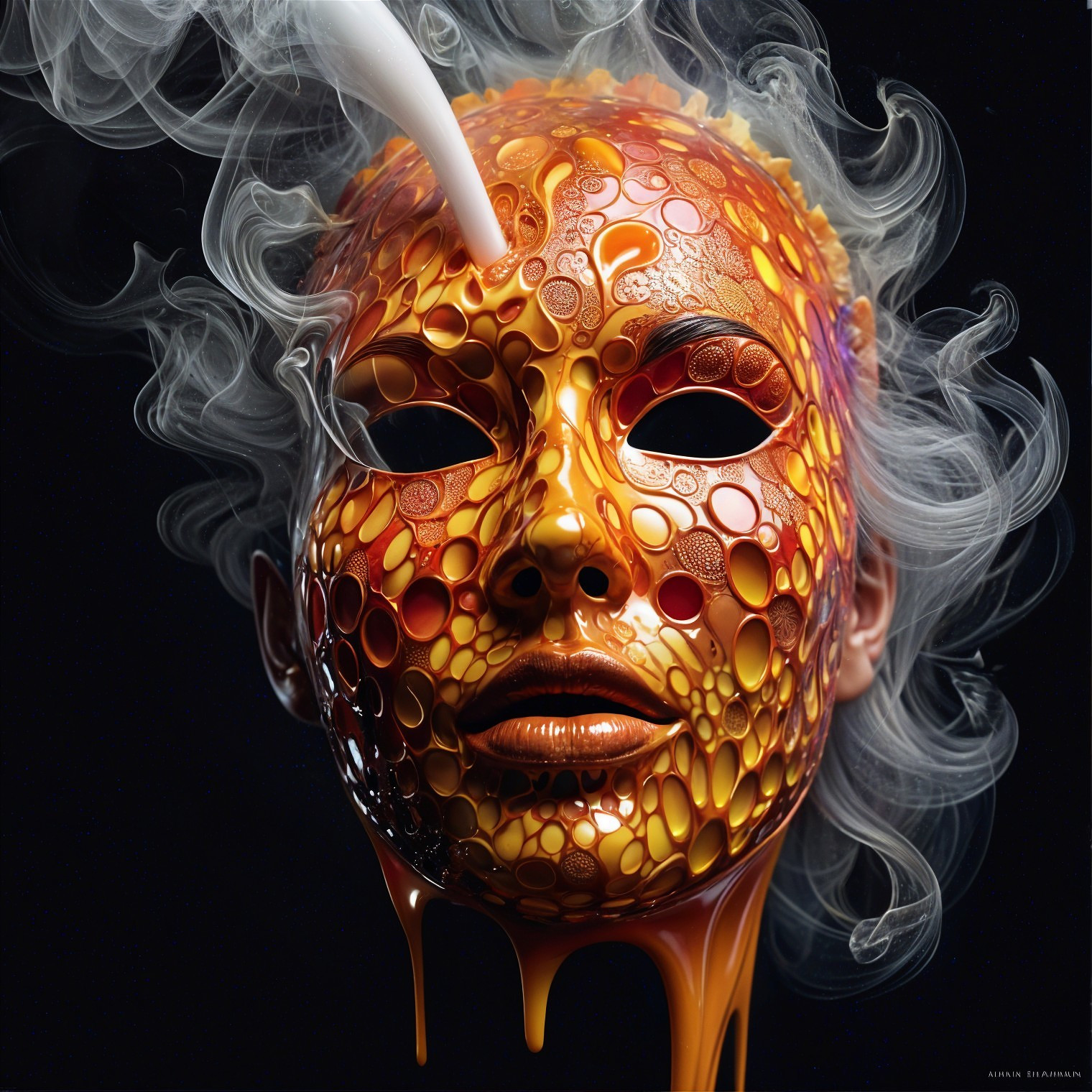 Glossy Honey-Colored Mask with Ethereal Smoke