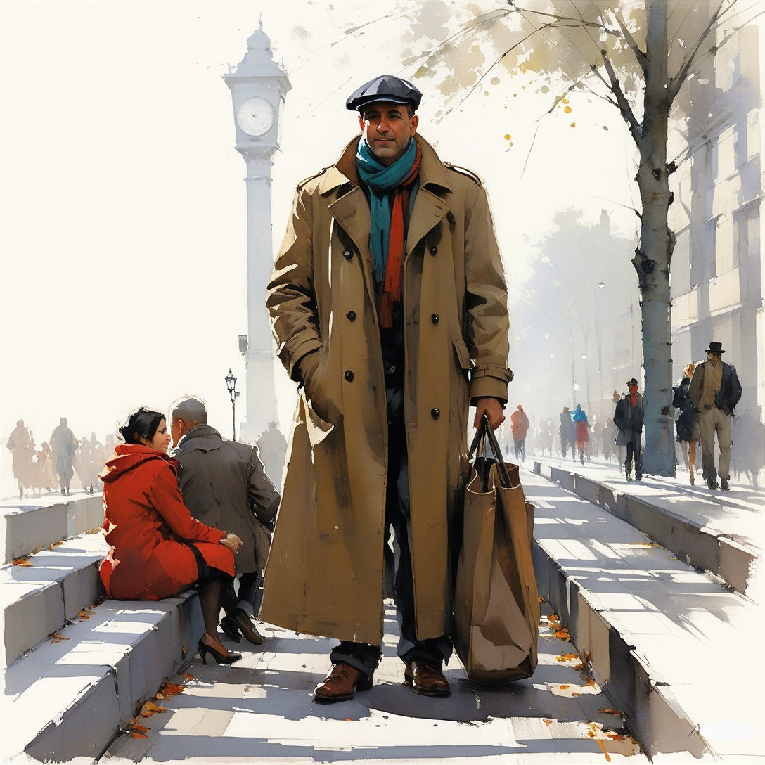 Man in Trench Coat on Misty Urban Street