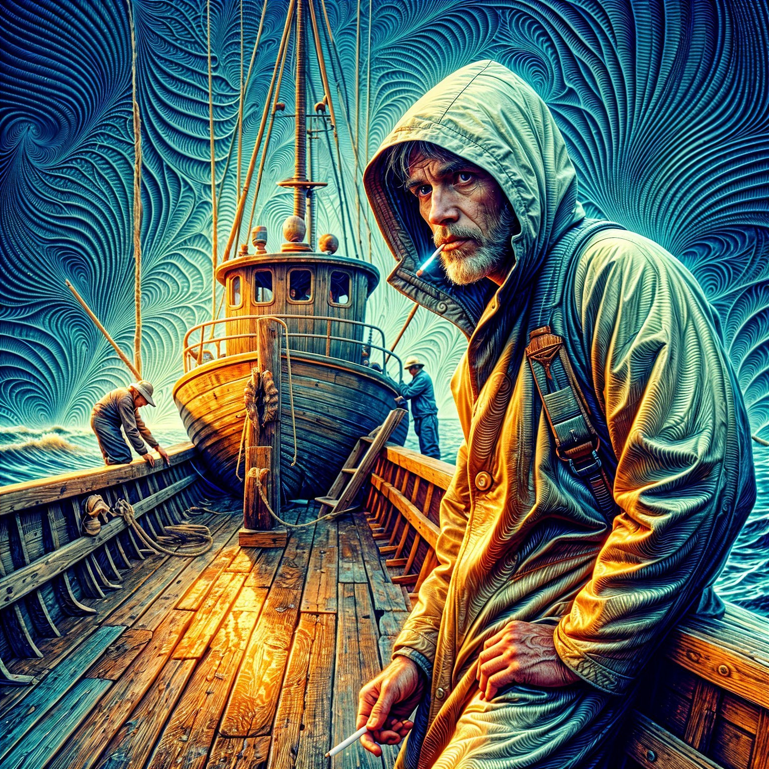 Rugged fisherman on a weathered boat at sea