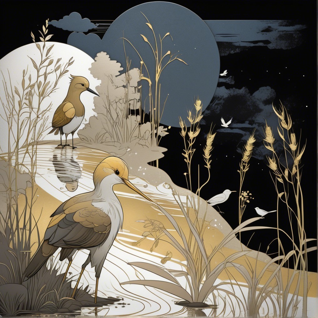Stylized Birds by Reflective Water Under Moonlit Sky