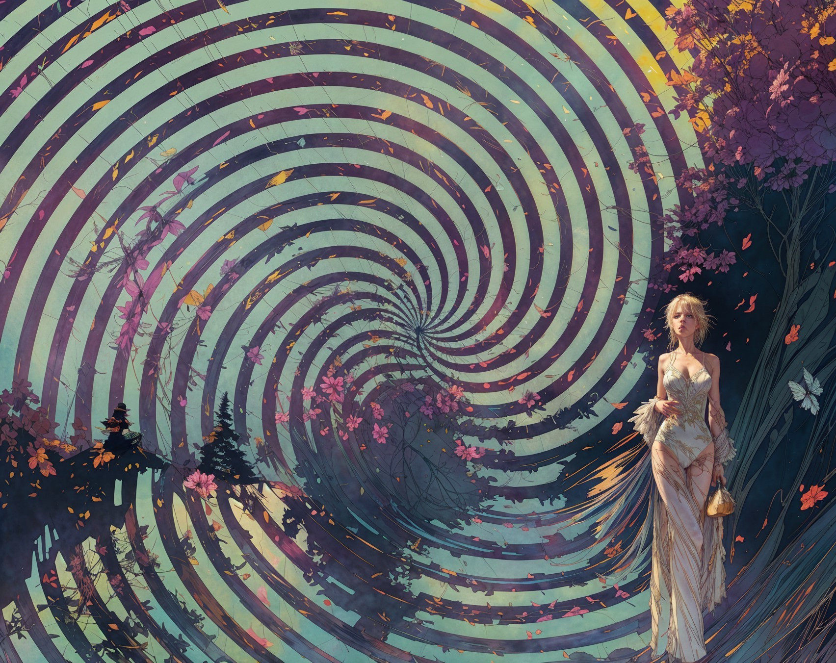 Surreal Scene of Woman in Flowing Gown Amidst Nature