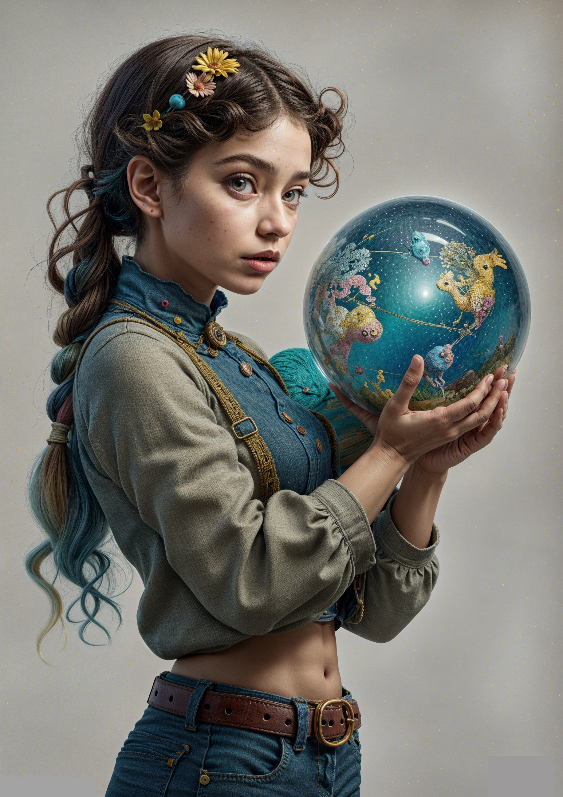 Young girl with braided hair and whimsical globe