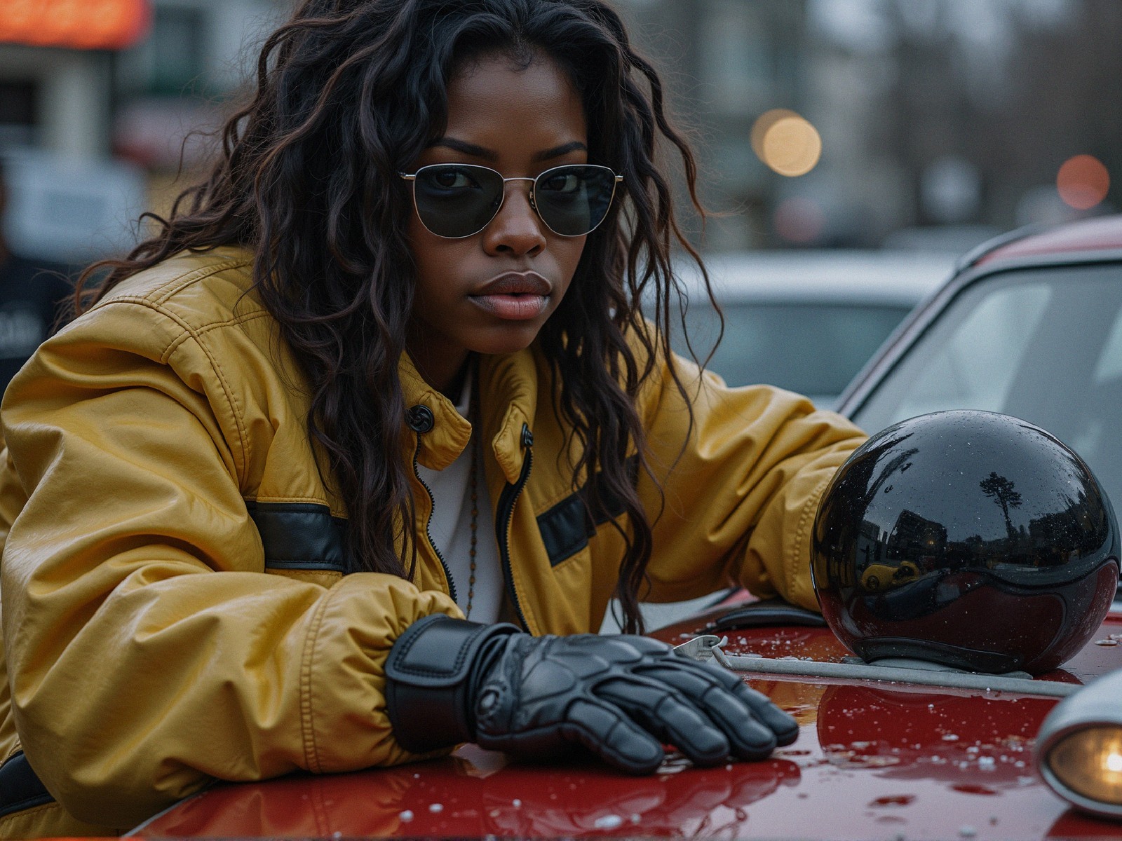 Young Woman in Yellow Jacket by Classic Red Car