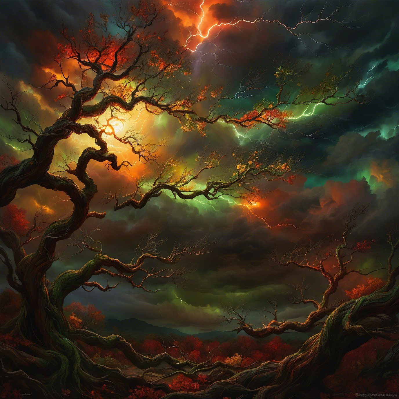 Dramatic Landscape with Ancient Tree and Stormy Sky