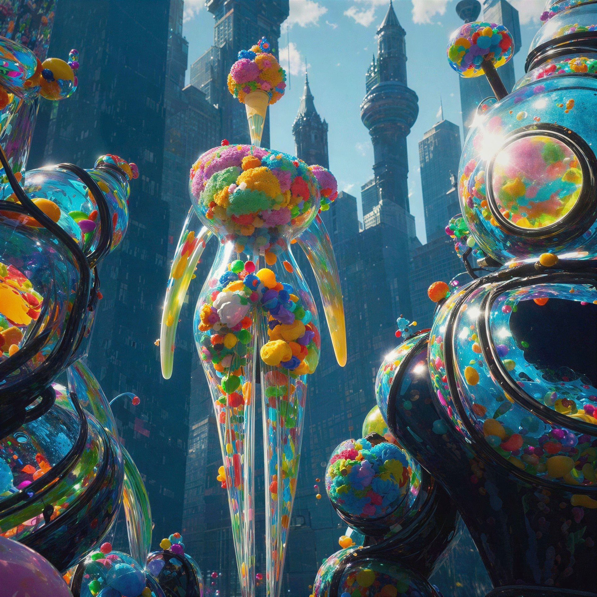 Candy-Filled Glass Alien in Urban Setting