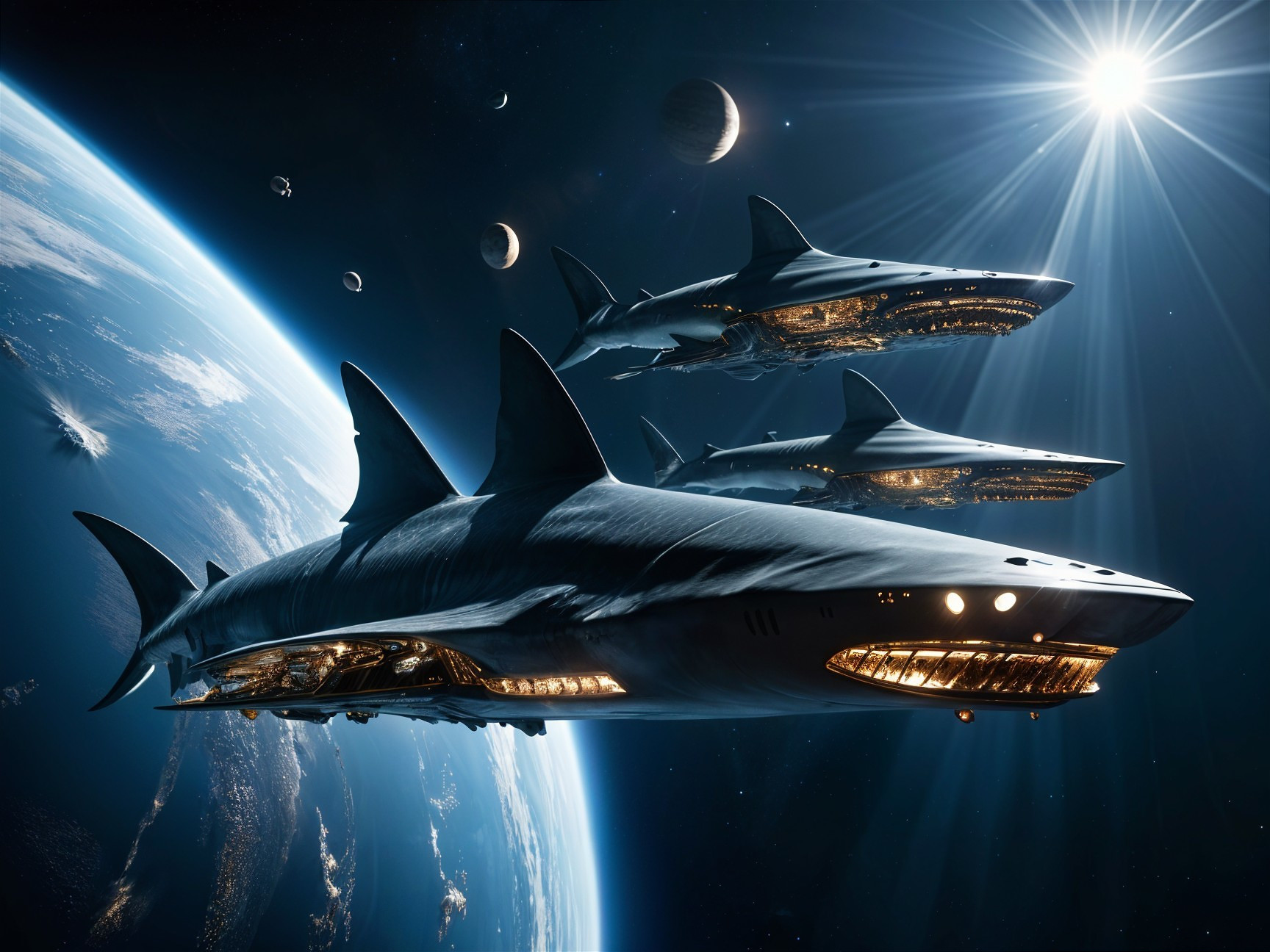 Shark-shaped spacecraft in a vibrant cosmic scene