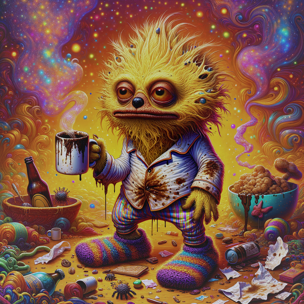Whimsical creature in chaotic, colorful environment